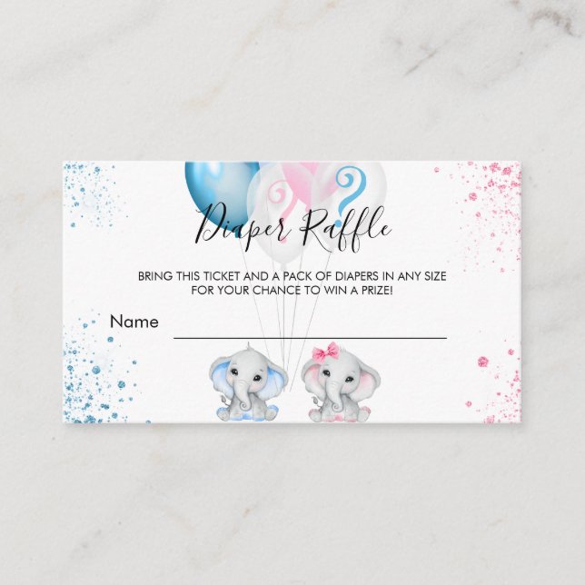 Elephants gender reveal party diaper raffle ticket enclosure card (Front)