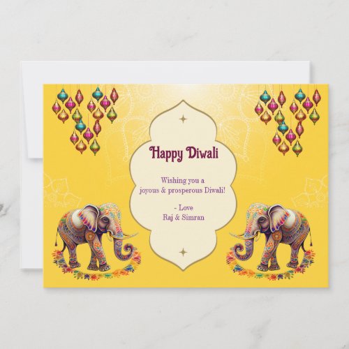 Elephants Happy Diwali Greeting Yellow Gold  Holiday Card