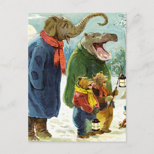 Elephants Hippopotamus  Bears Christmas Caroling Holiday Postcard