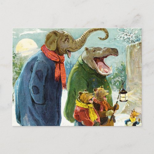 Elephants Hippopotamus  Bears Christmas Caroling Holiday Postcard