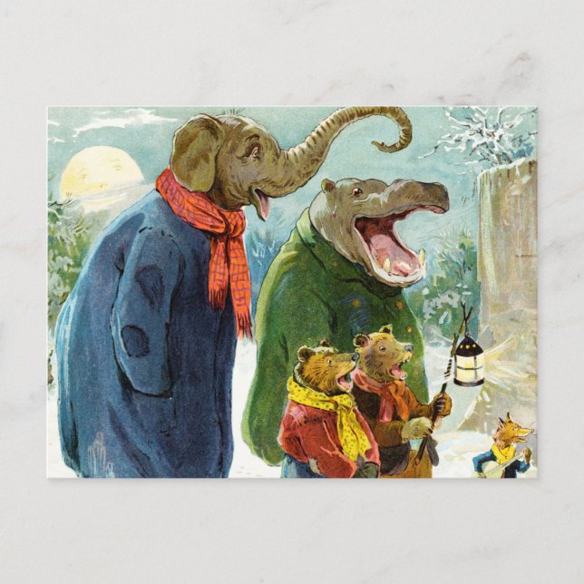Elephants Hippopotamus & Bears Christmas Caroling Holiday Postcard (Front)