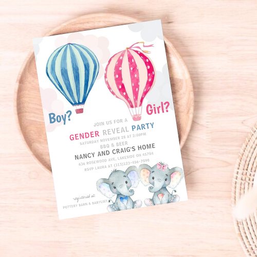 Elephants  Hot_Air Balloons Gender Reveal Party Invitation