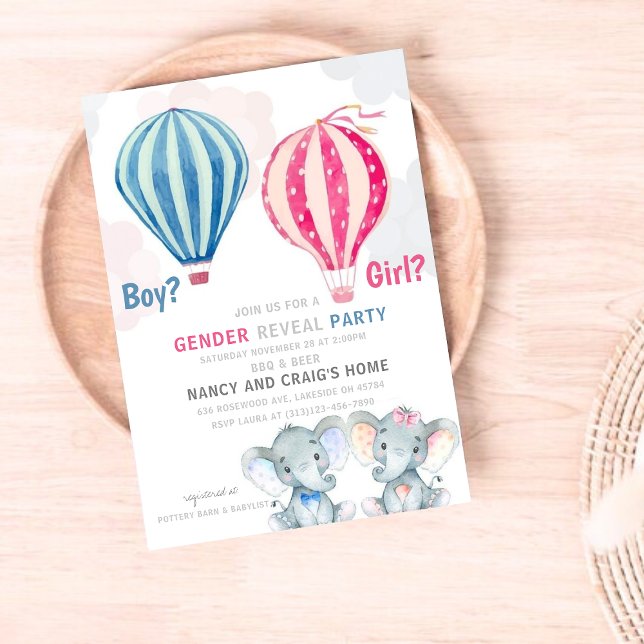 Elephants & Hot-Air Balloons Gender Reveal Party Invitation (Creator Uploaded)
