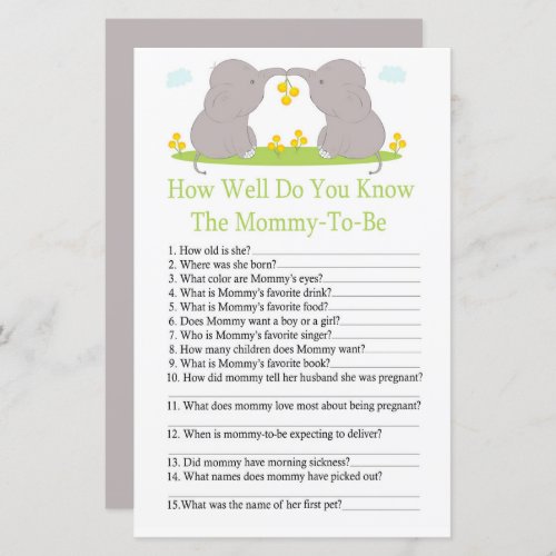 Elephants How well do you know baby shower game