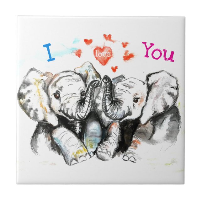 Elephants Hug Ceramic Tile Gift - I Love You (Front)
