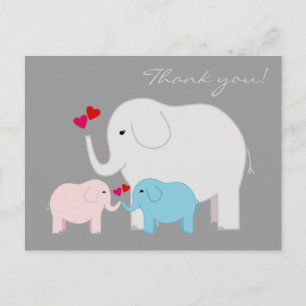 Elephants in Blue and Pink Thank You Postcard