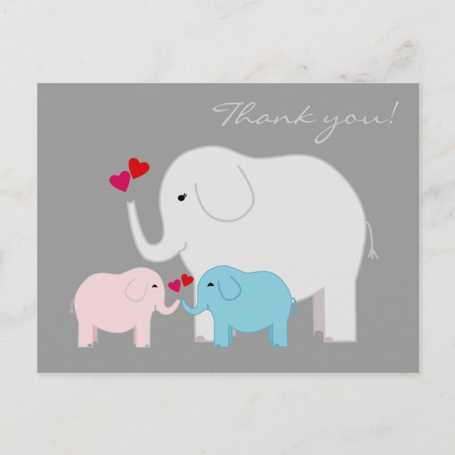 Elephants in Blue and Pink Thank You Postcard (Front)