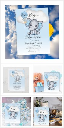 Elephants in Hot Air Balloons Baby Showers Blue