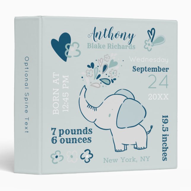 Elephants in Navy & Mint Baby Birth Stats Keepsake 3 Ring Binder (Front/Spine)