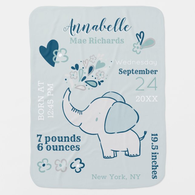 Elephants in Navy & Mint Baby Birth Stats Keepsake Baby Blanket (Front)