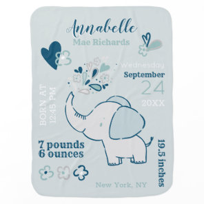 Elephants in Navy & Mint Baby Birth Stats Keepsake Blanket