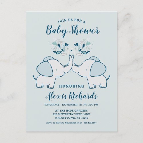 Elephants in Navy  Mint Baby Boy Twins Shower Invitation Postcard