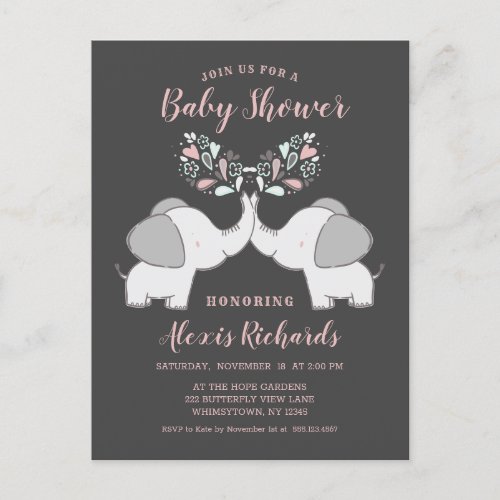 Elephants in Pink  Gray Baby Girl Twins Shower Invitation Postcard