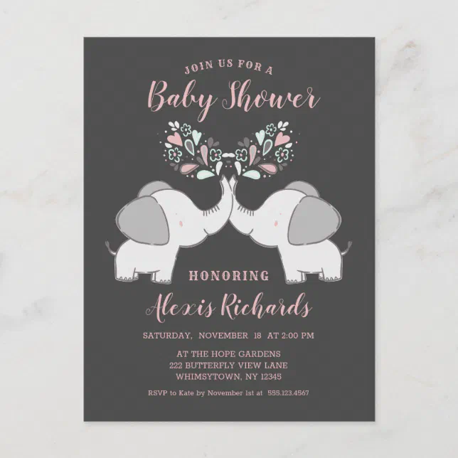Elephants in Pink & Gray Baby Girl Twins Shower Invitation Postcard ...