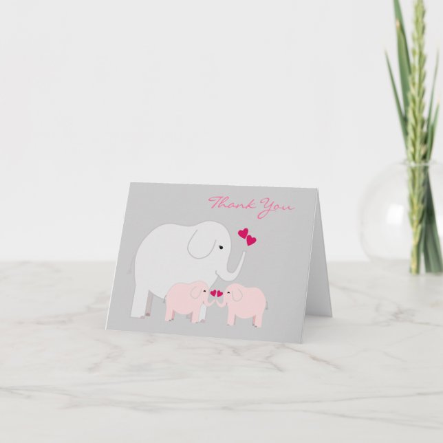 Elephants in Pink Twins Thank You Card (Front)