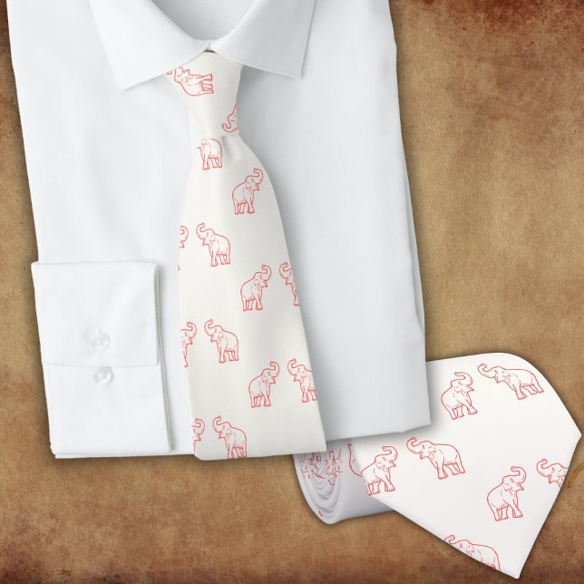 Elephants in red with raised trunks (on white) neck tie (Creator Uploaded)