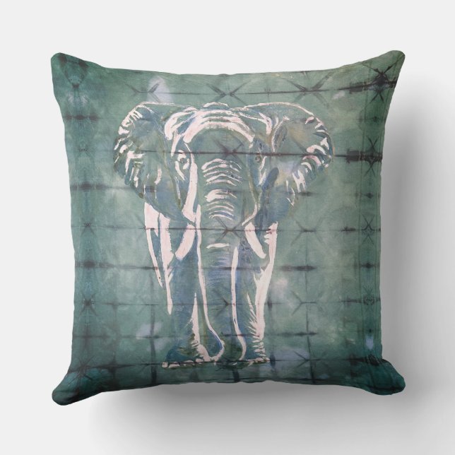Elephants in the Art of Japanese Dye, Tribal Green Outdoor Pillow (Back)