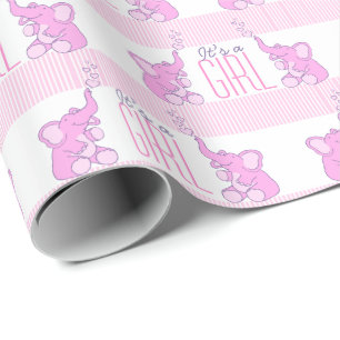 Elephants it's a girl pink baby shower wrap wrapping paper