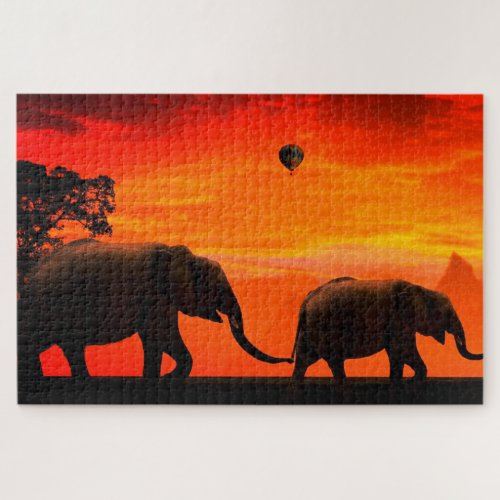 Elephants Jigsaw Puzzle Sunset