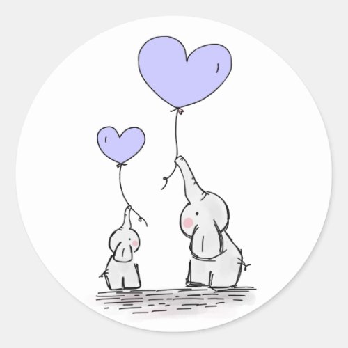 Elephants  Lilac Heart Balloons Baby Shower Classic Round Sticker