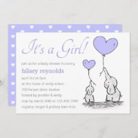Elephants | Lilac Heart Balloons Baby Shower Invitation