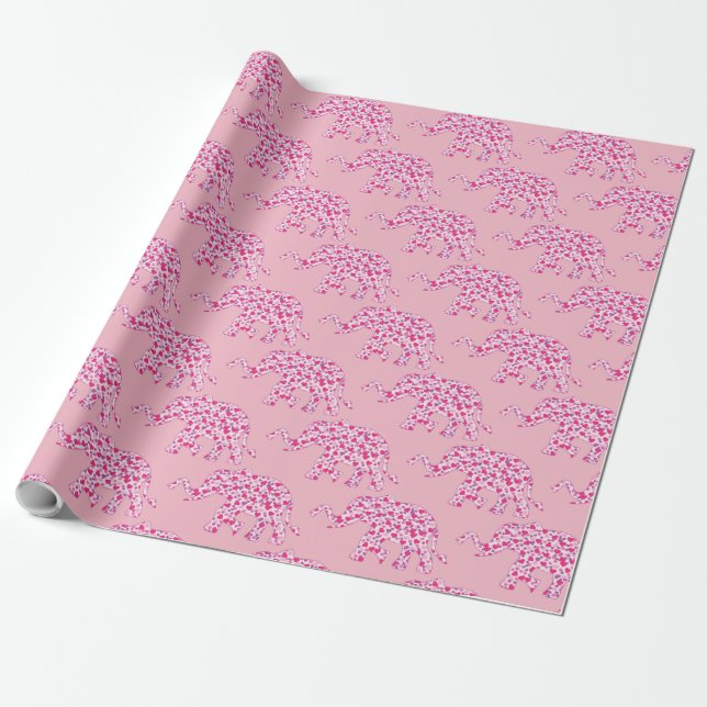 Elephants made up of Little Pink Hearts of Love Wrapping Paper (Unrolled)