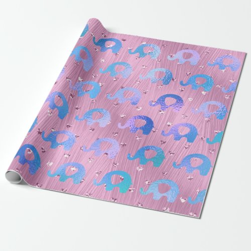 Elephants Metalli Hearts Blue Purple Pink Wrapping Paper