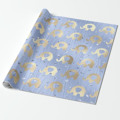 Elephants Metalli Hearts Gold Blue Celestial Wrapping Paper