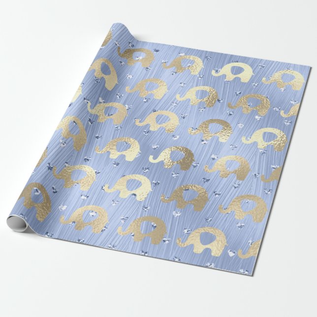 Elephants Metalli Hearts Gold Blue Celestial Wrapping Paper (Unrolled)