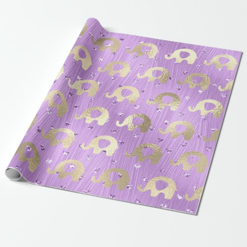 Elephants Metalli Hearts Gold Lavender Celestial Wrapping Paper