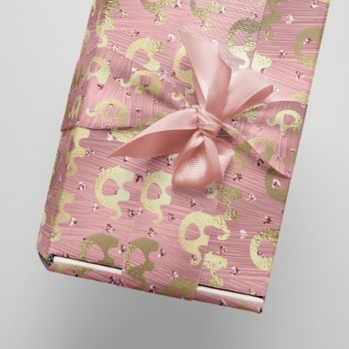 Elephants Metalli Hearts Gold Pink Rose Baby Girl Wrapping Paper