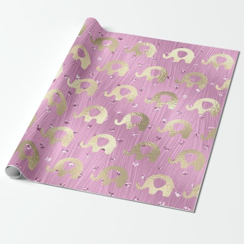 Elephants Metalli Hearts Gold Purple Pink Wrapping Paper