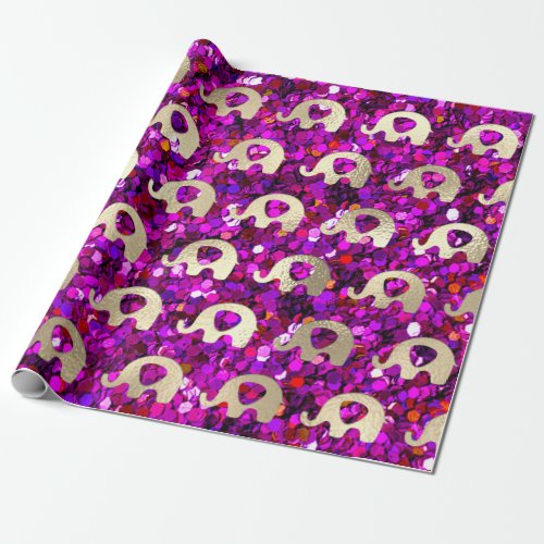 Elephants Metallic Glitter Gold Purple Baby Girl Wrapping Paper