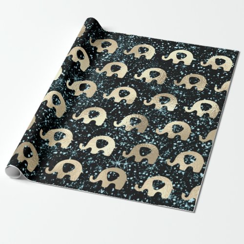 Elephants Metallic Glitter Gold Teal Black Baby Wrapping Paper