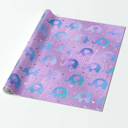 Elephants Metallic Rose Gold Blue Purple Amethyst Wrapping Paper