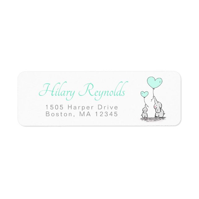 Elephants | Mint Green Heart Balloons Baby Shower Label (Front)