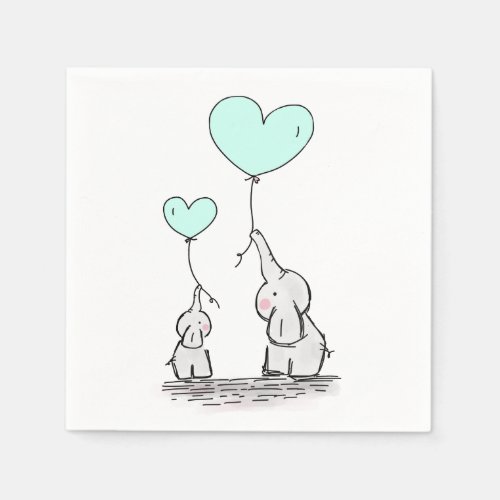 Elephants  Mint Green Heart Balloons Baby Shower Napkins