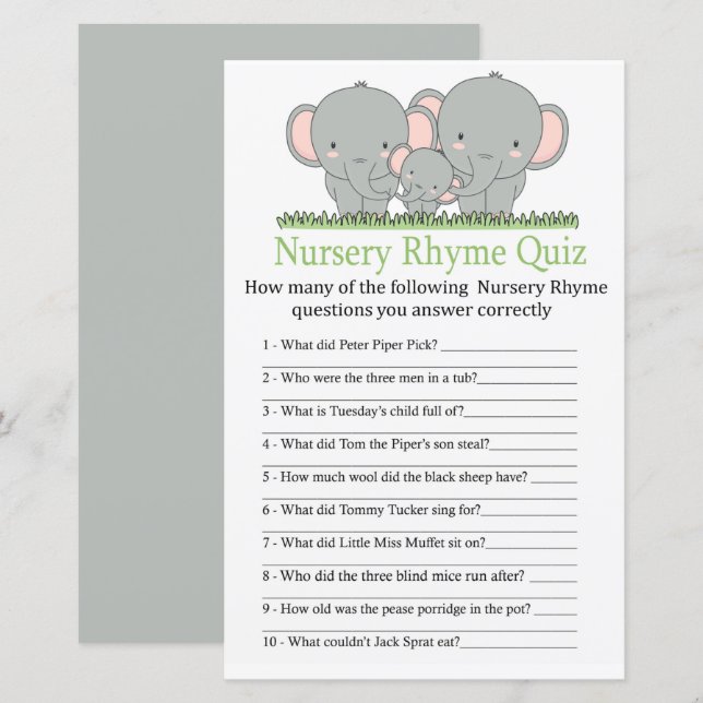 Elephants Nursery Rhyme Quiz baby shower game (Front/Back)