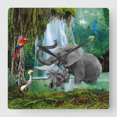 ELEPHANTS OF THE RAIN FOREST SQUARE WALL CLOCK