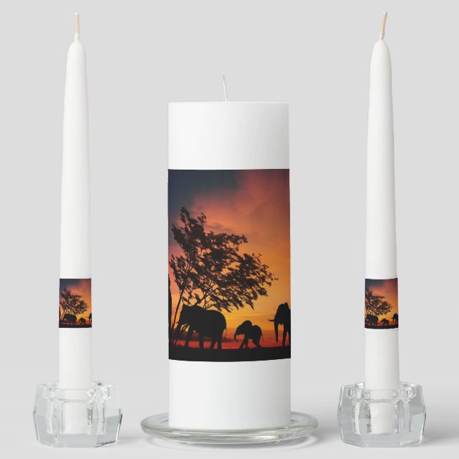 Elephants on the horizon 3 piece candle set. (Front)