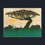 Elephants on the Planes of Africa Postcard<br><div class="desc">Planes of Africa I by Alonzo Saunders. The beauty of nature is captured in this artwork,  which features the sun slowly setting as elephants pass a colorful tree on the African planes. | 132934GG</div>