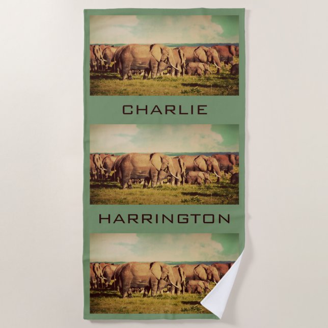 Elephants OR YOUR PHOTOS custom name beach towel (Front)