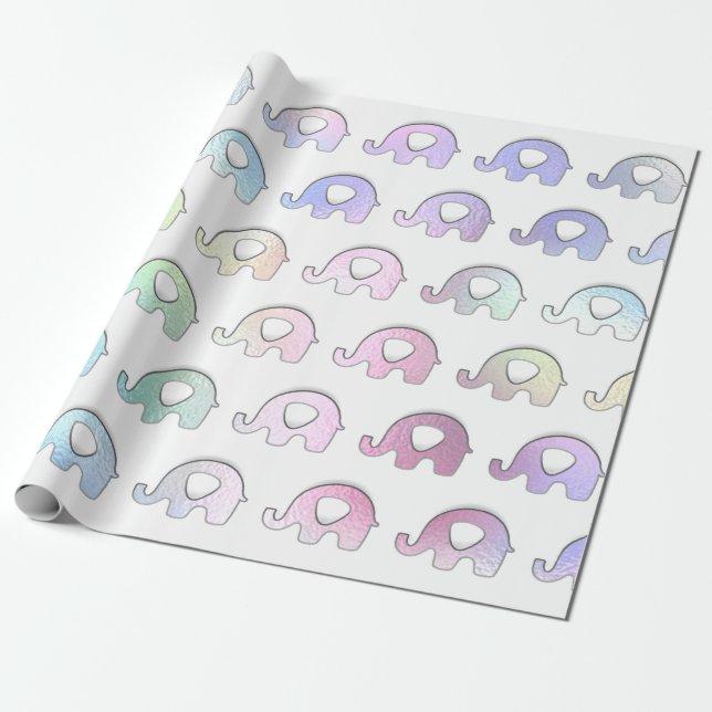 Elephants Pastel Hologram Iridescent White Pink Wrapping Paper (Unrolled)