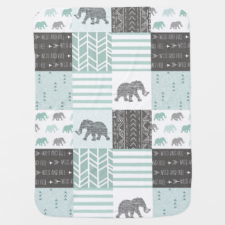 Elephants Patchwork Baby Blanket - sage