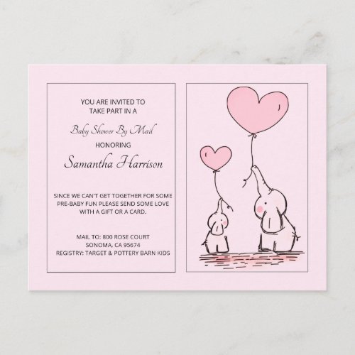 Elephants Pink Baby Girl Baby Shower By Mail Invitation Postcard