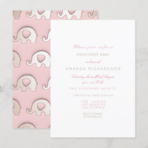 Elephants Pink  Birthday Baby Shower Ivory White Invitation