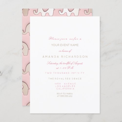 Elephants Pink  Birthday Baby Shower Ivory White Invitation