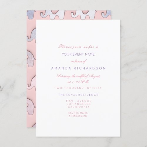 Elephants Pink Blue Pastel  Baby Shower White Invitation