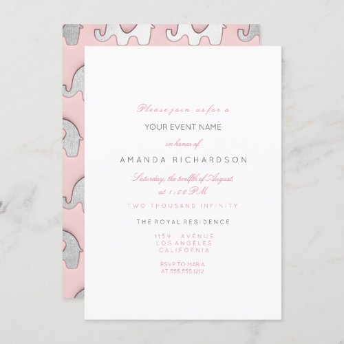 Elephants Pink Gray Birthday Baby Shower White Invitation