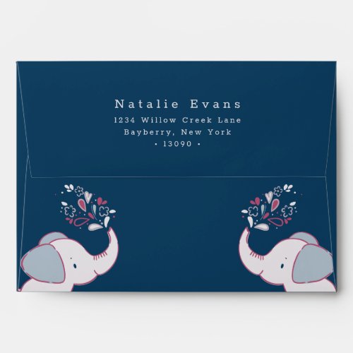 Elephants Pink Navy  Dusty Blue 5x7 Invitation Envelope